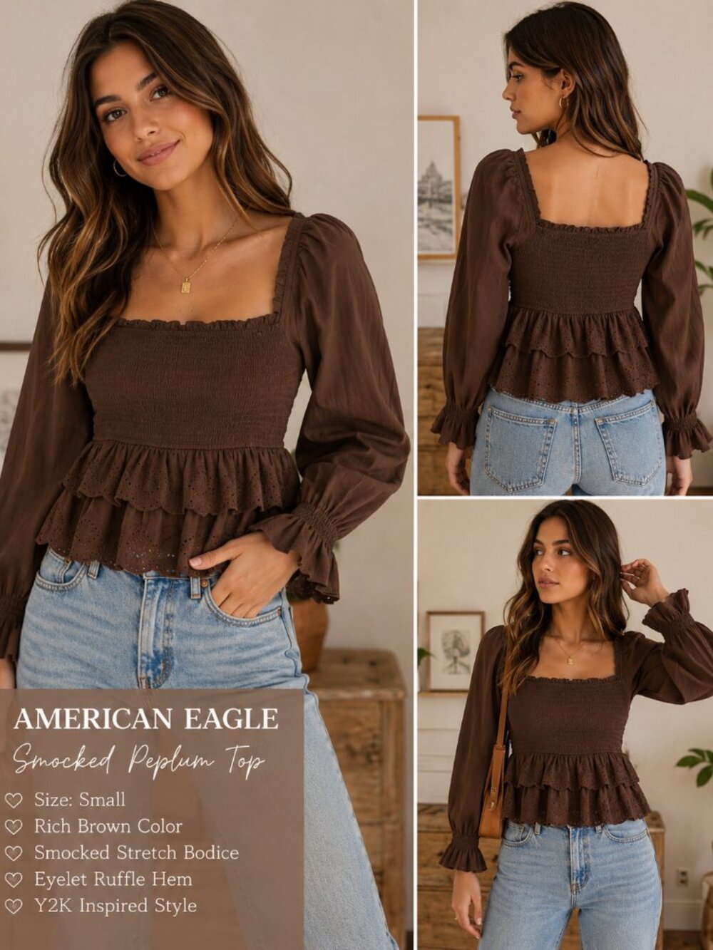 NWT American Eagle Smocked Peplum Top Brown Eyelet Long Sleeve Y2K Sz S